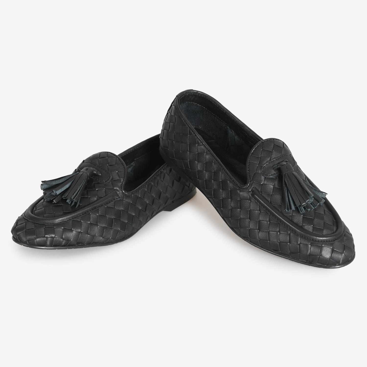 Siyah Örgü Deri Kadın Loafer