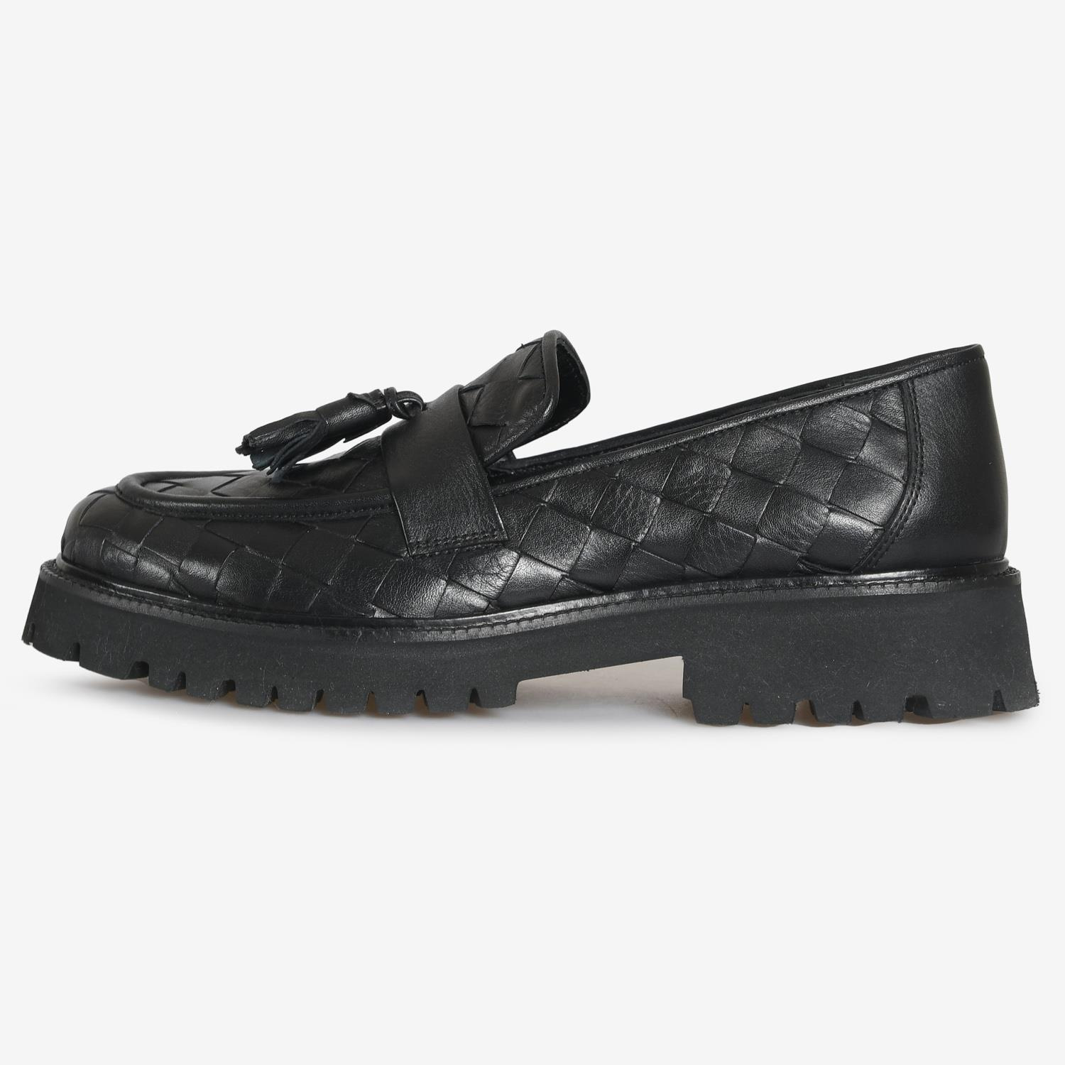 Siyah Örgü Deri Kadın Loafer