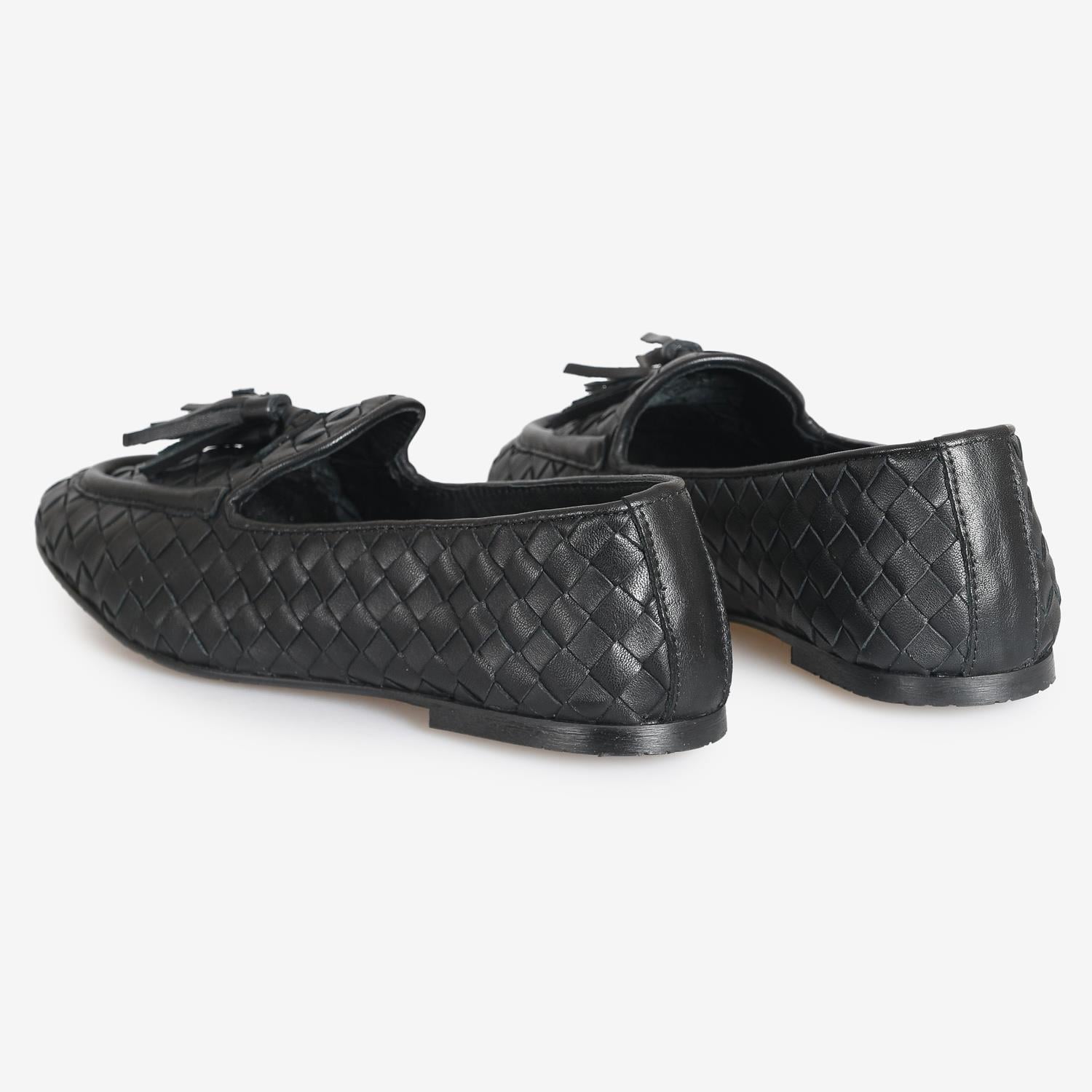 Siyah Örgü Deri Kadın Loafer