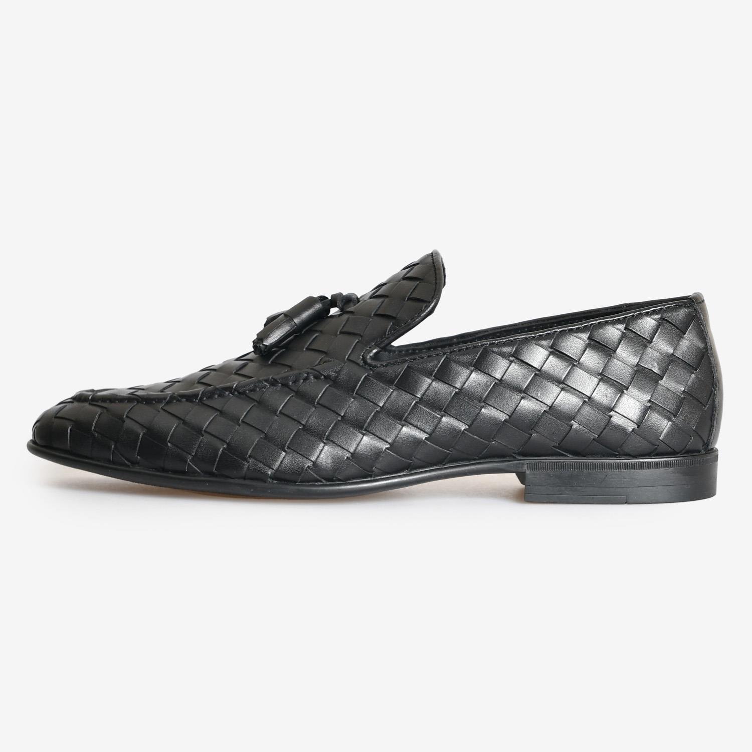Siyah Örgü Deri Püsküllü Erkek Loafer
