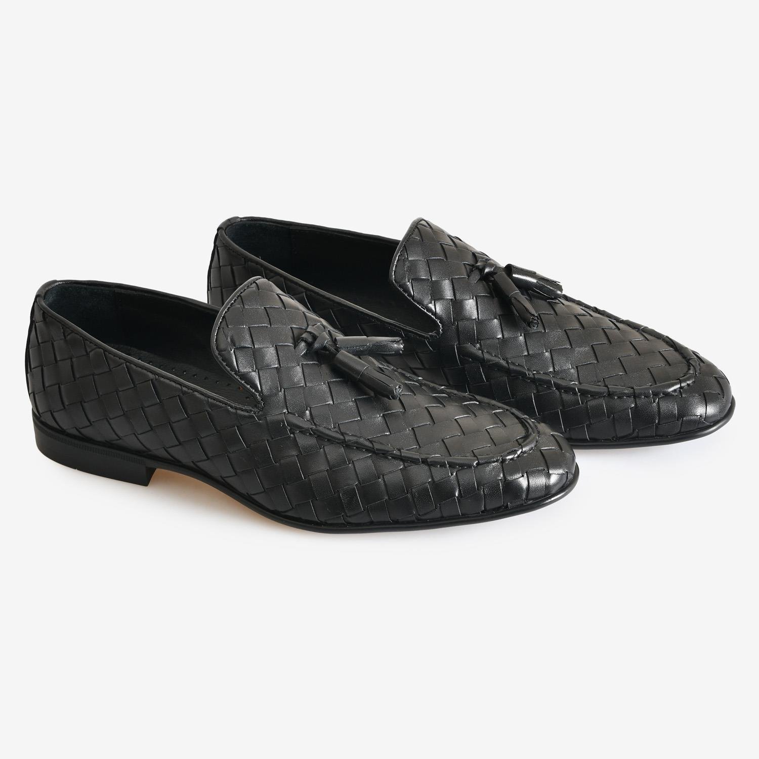 Siyah Örgü Deri Püsküllü Erkek Loafer