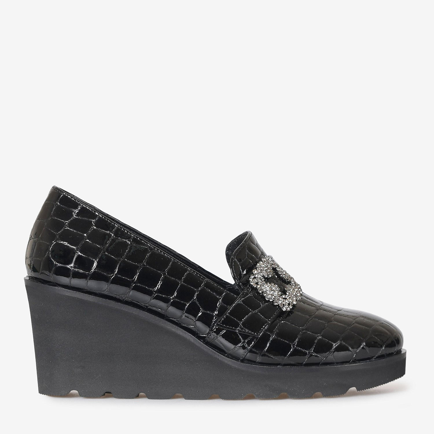 Siyah Rugan Deri Dolgu Topuk Kadın Loafer