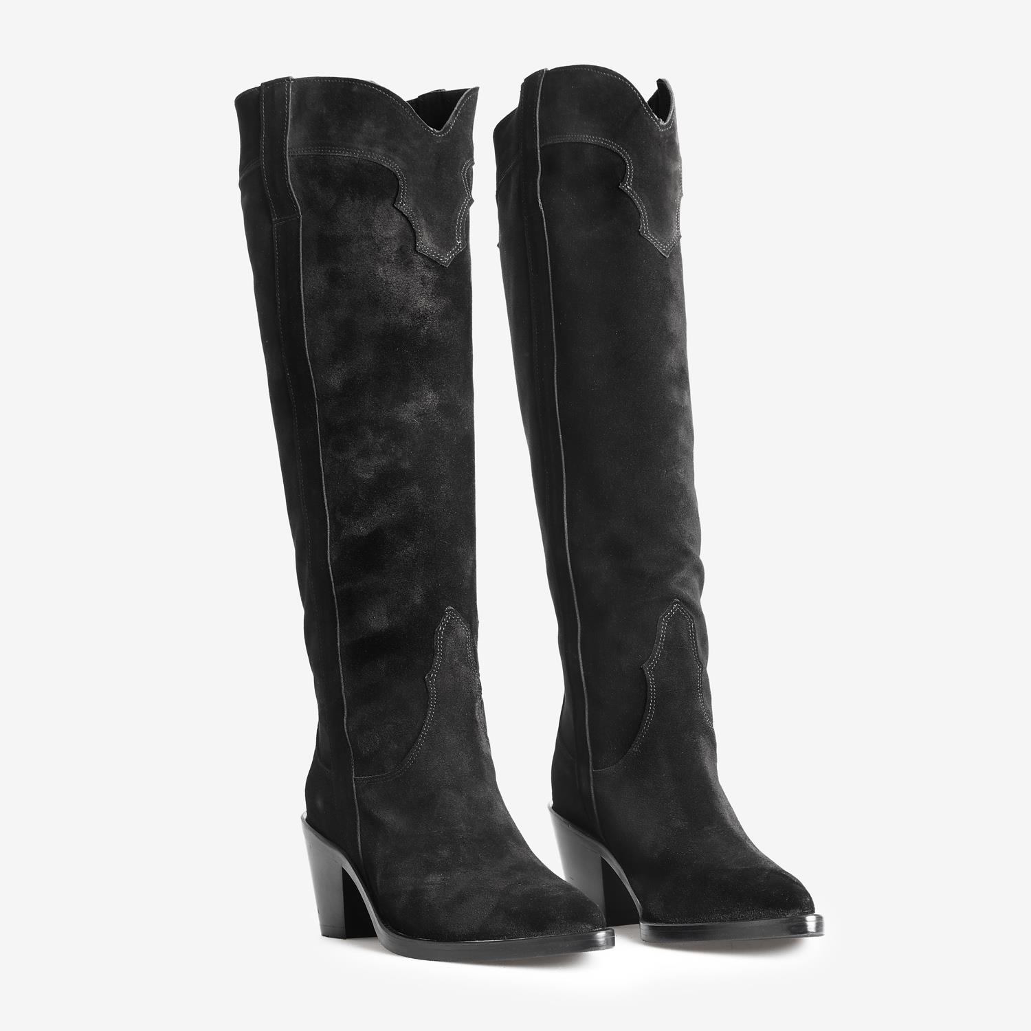 Siyah Süet Kadın Topuklu Çizme