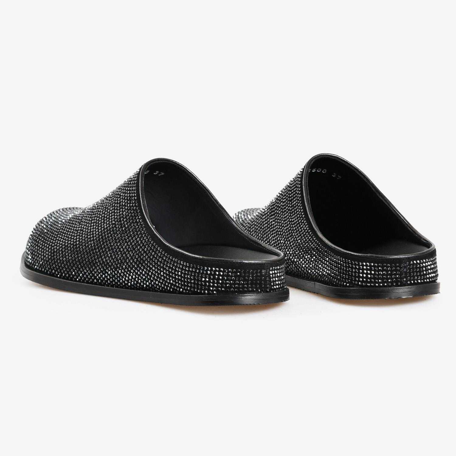 Siyah Süet Taşlı Düz Kadın Abiye Terlik