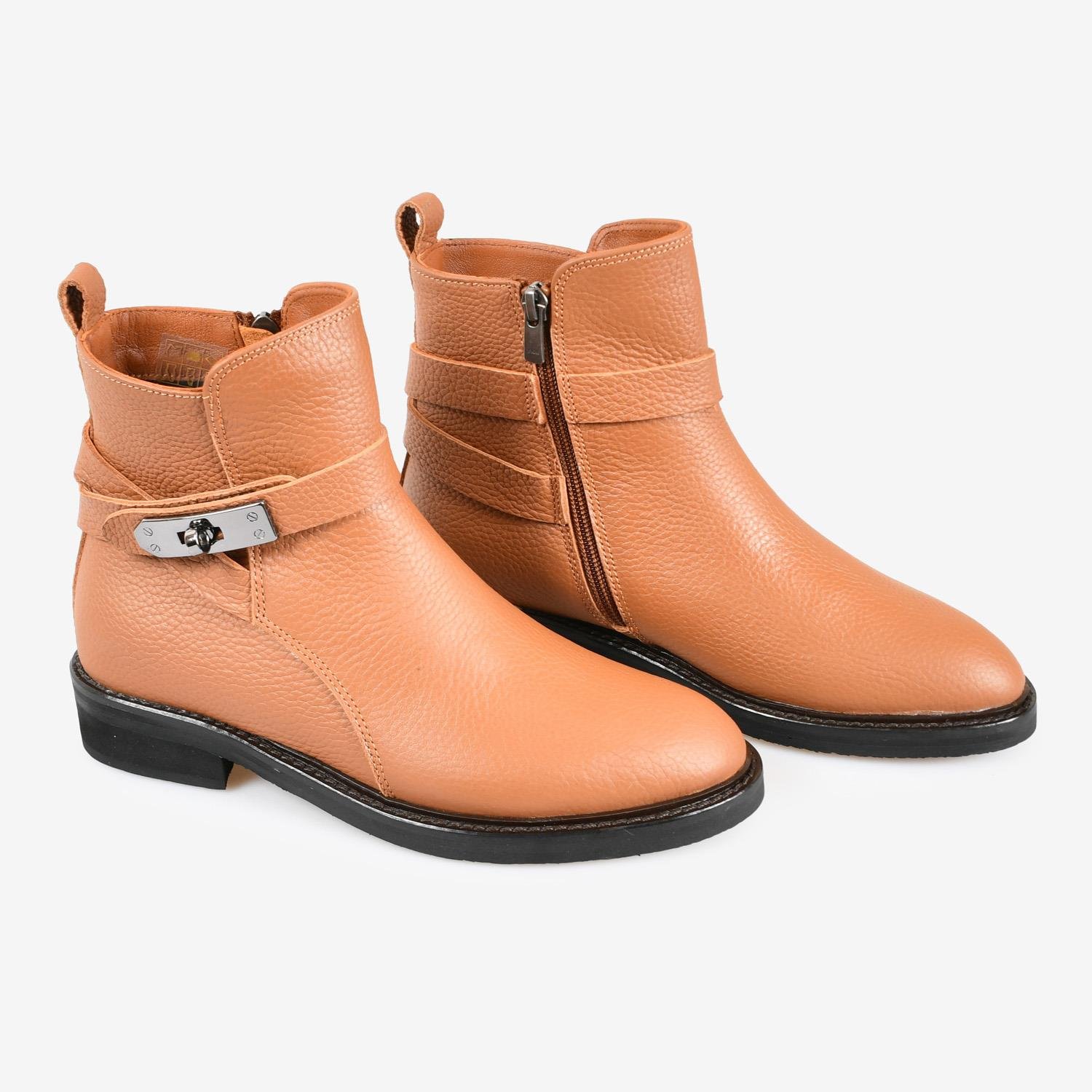 Taba Deri Kemer Detaylı Kadın Bot