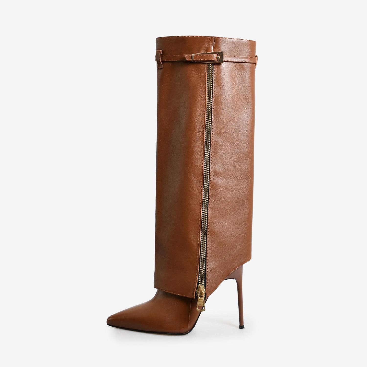 Taba Deri Parçalı Kadın Kadın Çizme