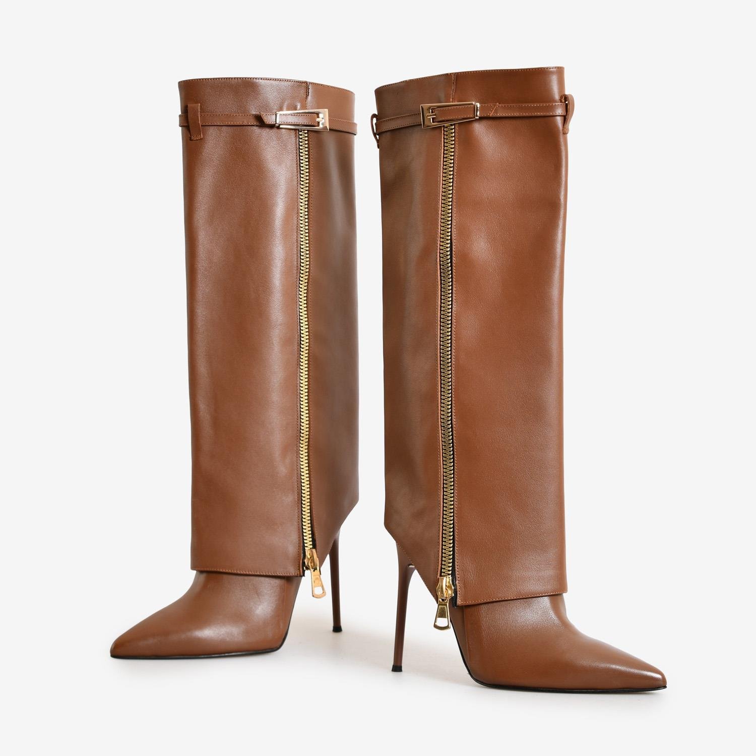 Taba Deri Parçalı Kadın Kadın Çizme