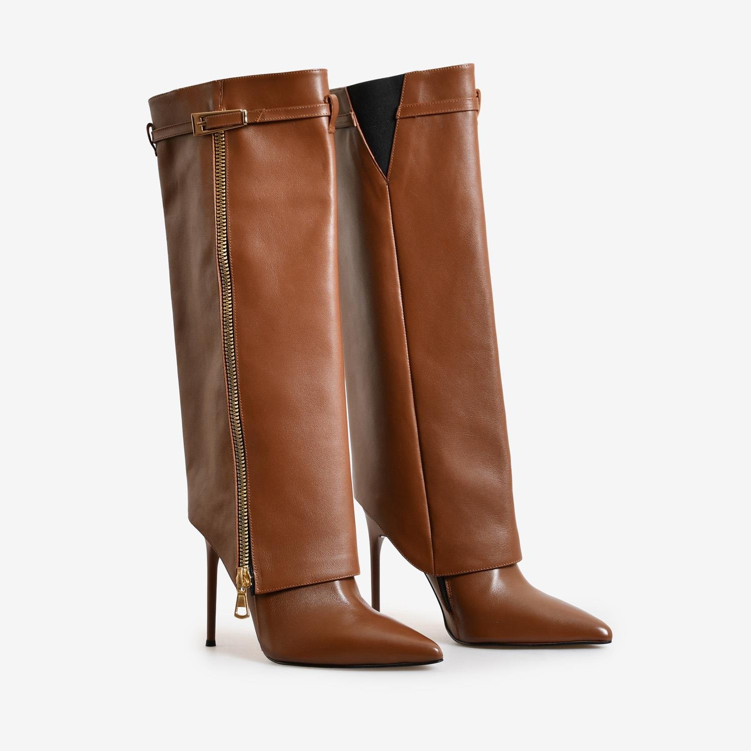 Taba Deri Parçalı Kadın Kadın Çizme