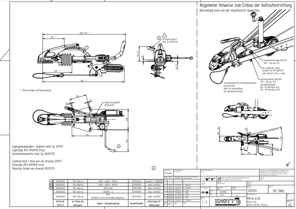 KNOTT 750-1400 kg V Modeli Frenli Kaplin (Çeki Oku) KFL14A-GF Kelepçeli
