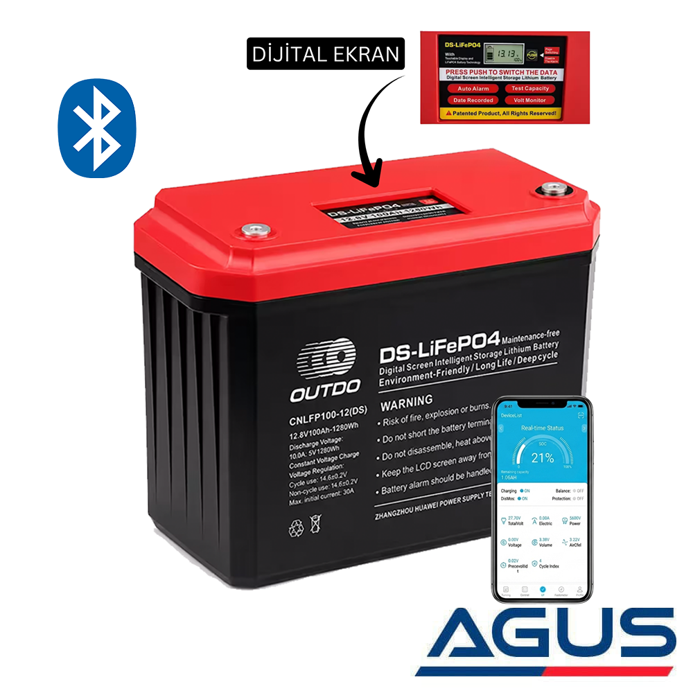 Outdo 12V Lifepo4 100Ah Dijital Ekranlı Smart Lityum Akü 