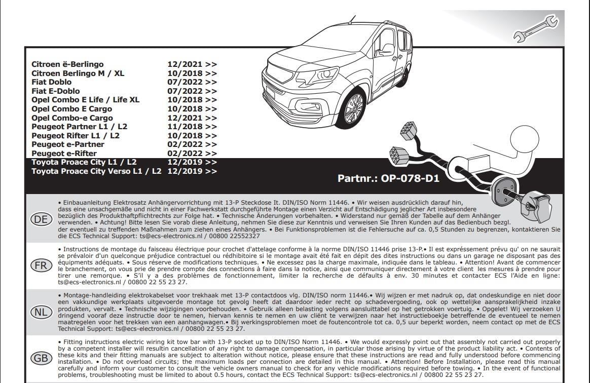 PEUGEOT Partner/Rifter 2019- Römork Tesisatı 13P