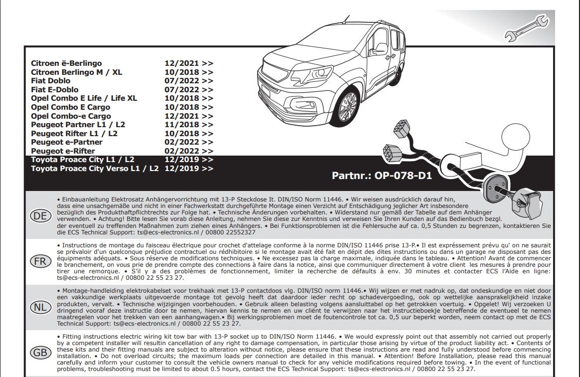 PEUGEOT Partner/Rifter 2019- Römork Tesisatı 13P