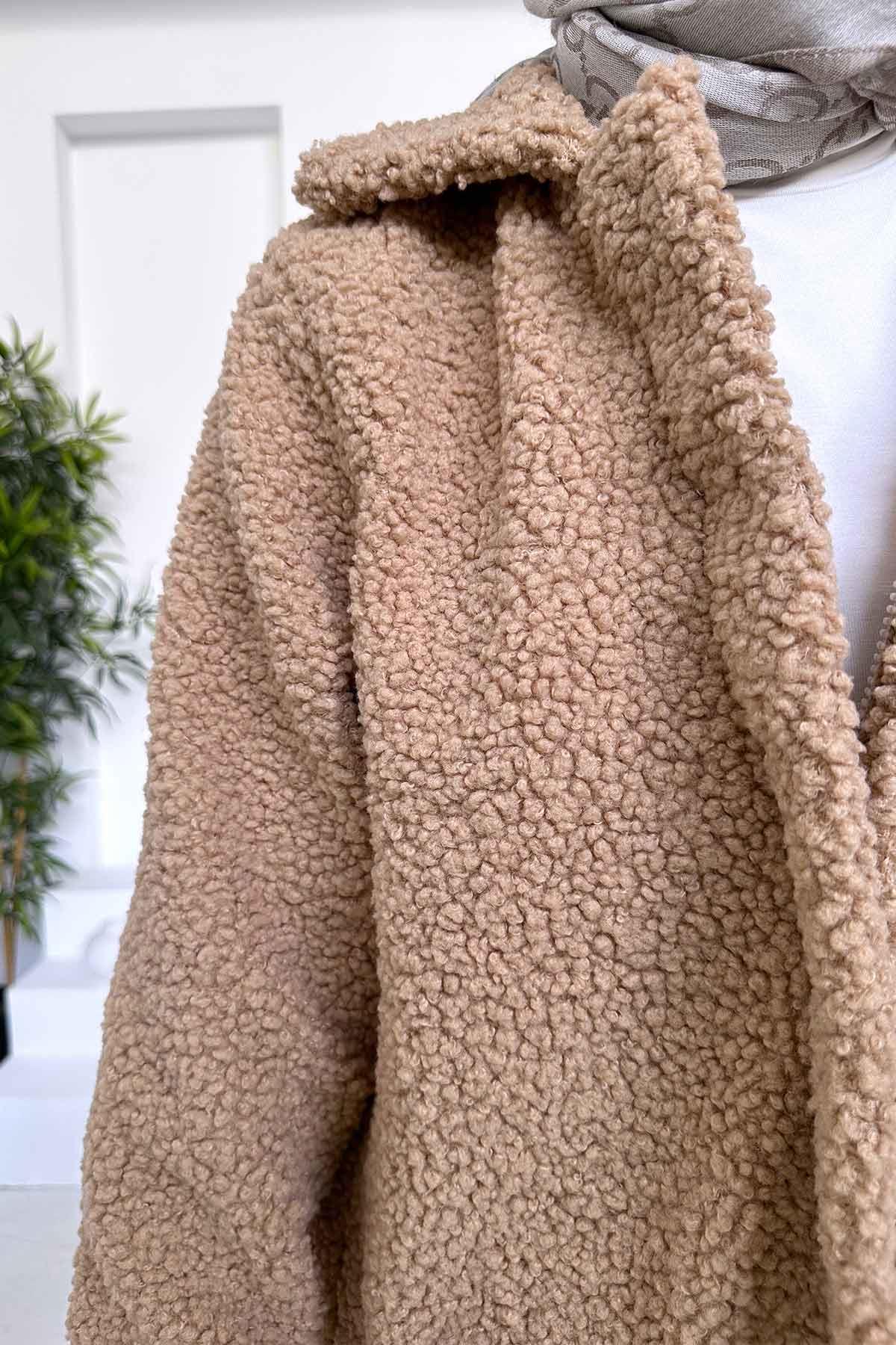 Astarlı Çift Cep Peluş Mont - Camel