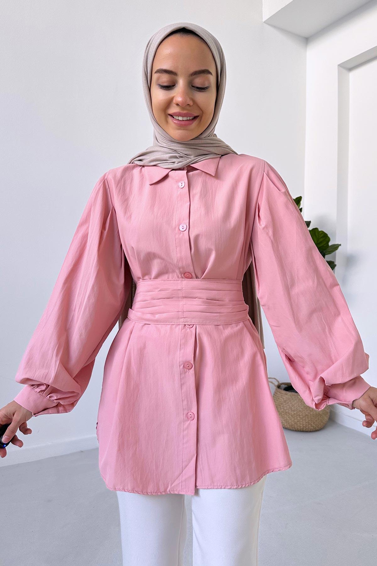 Balon Kol Kuşaklı Gömlek - Pembe