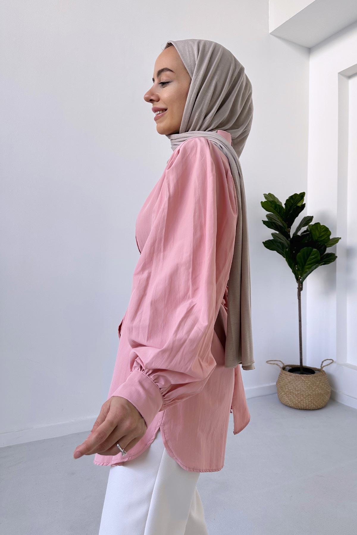 Balon Kol Kuşaklı Gömlek - Pembe