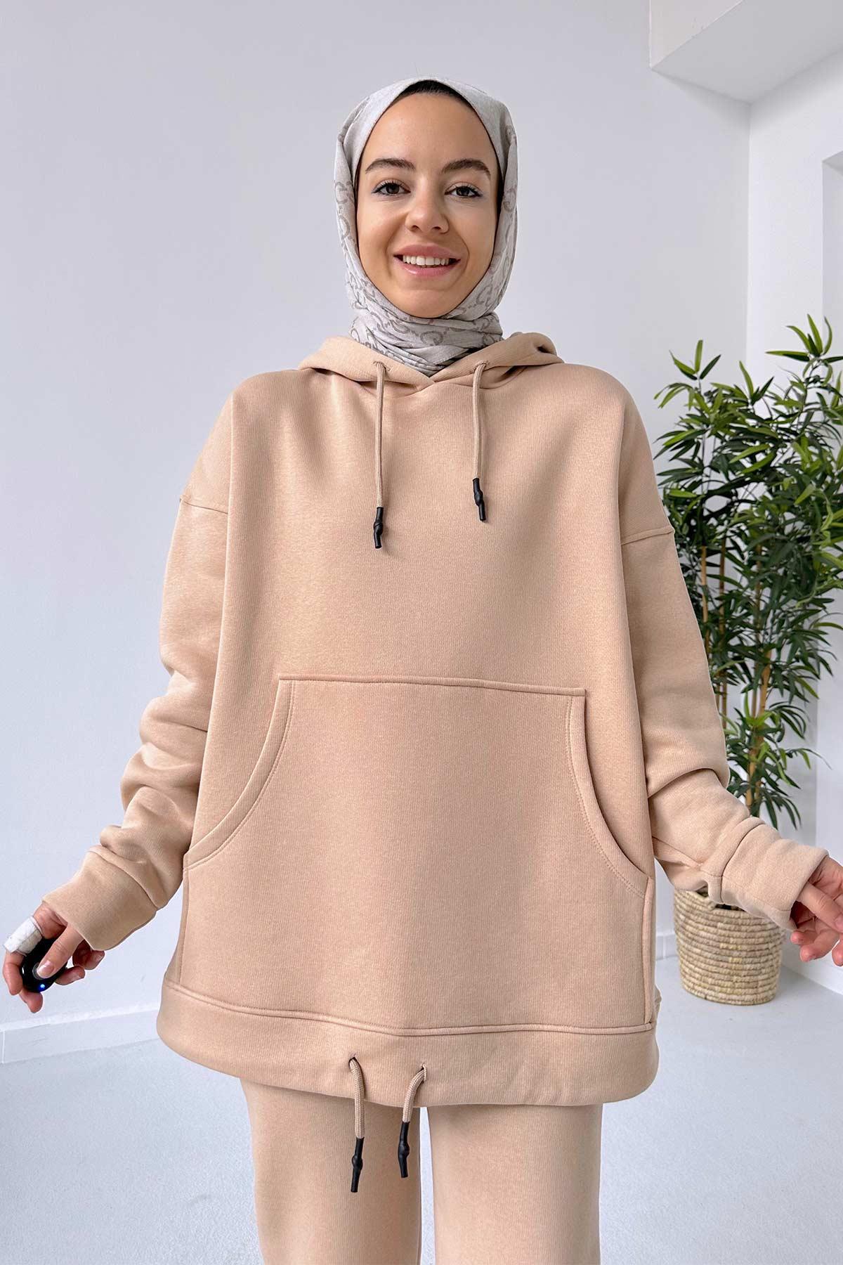 Bileği Lastikli 3 İplik Eşofman Takımı - Camel