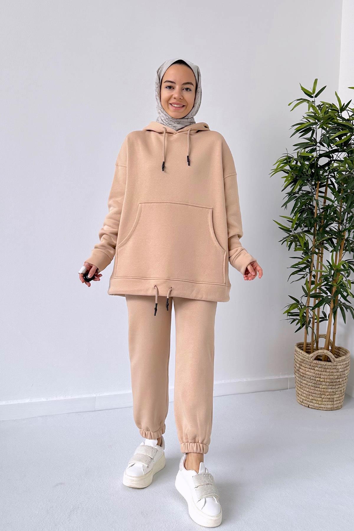 Bileği Lastikli 3 İplik Eşofman Takımı - Camel