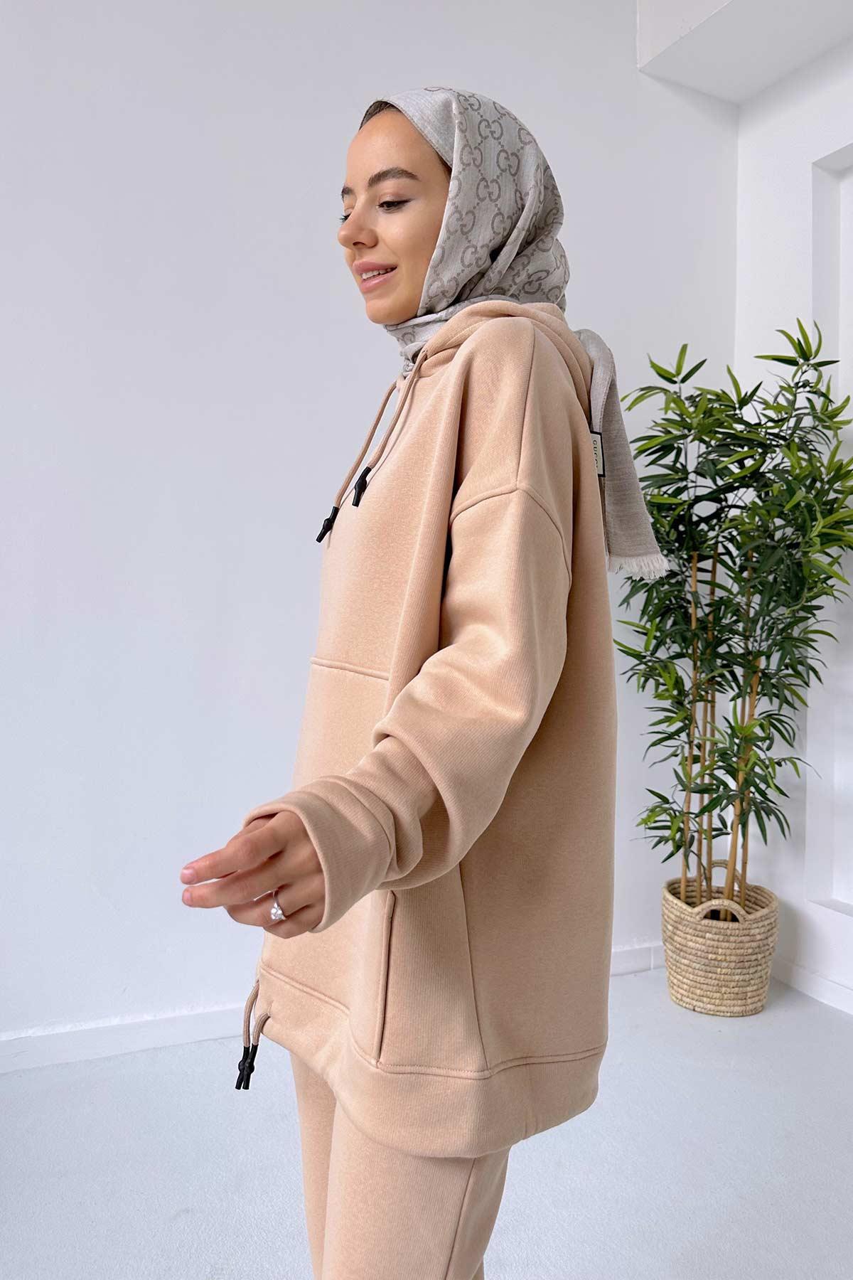 Bileği Lastikli 3 İplik Eşofman Takımı - Camel