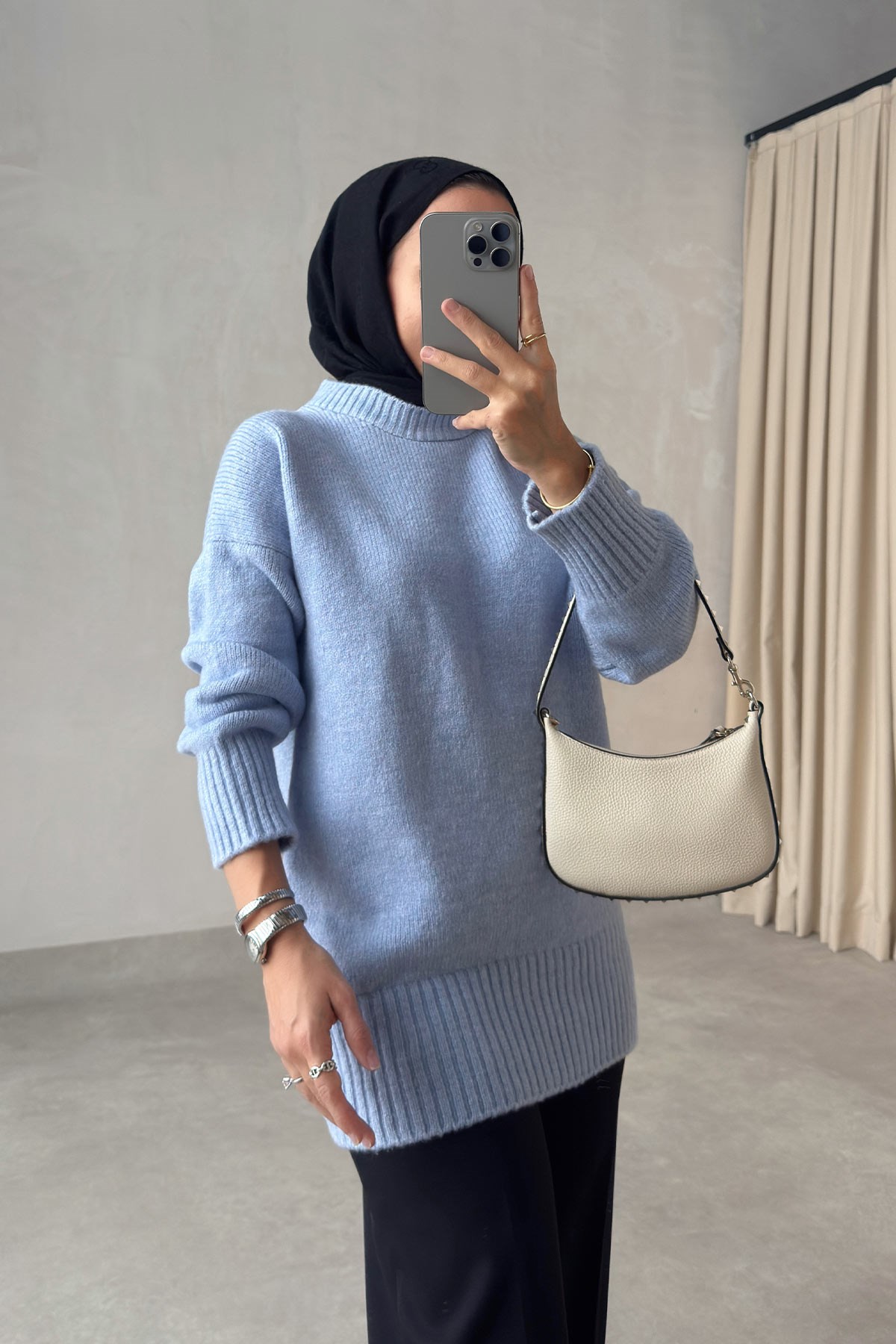 Bisiklet Yaka Oversize Triko Kazak - Mavi