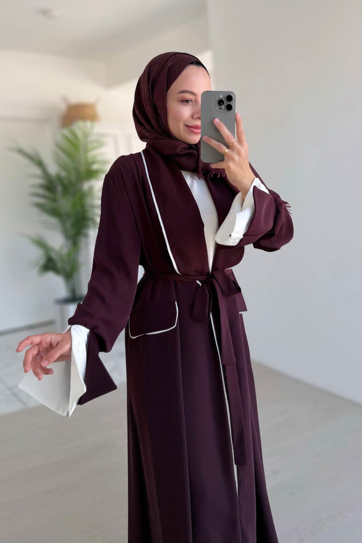Biye Detay Bağlamalı Abaya - Bordo