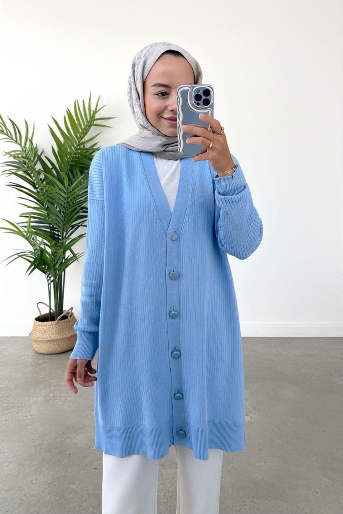 Button Fitilli Merserize Hırka - Bebe Mavi