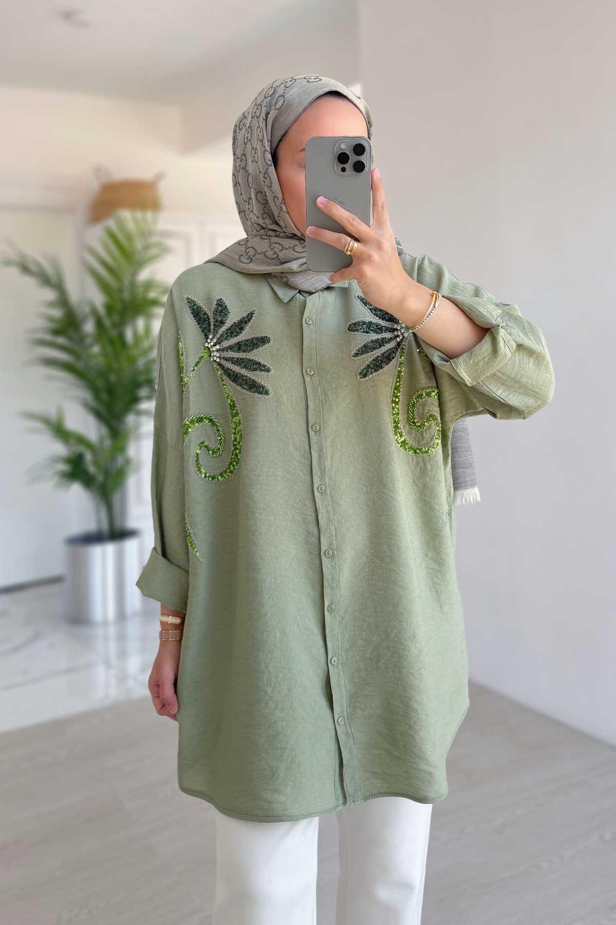 Cannes Payetli Gömlek - Yeşil