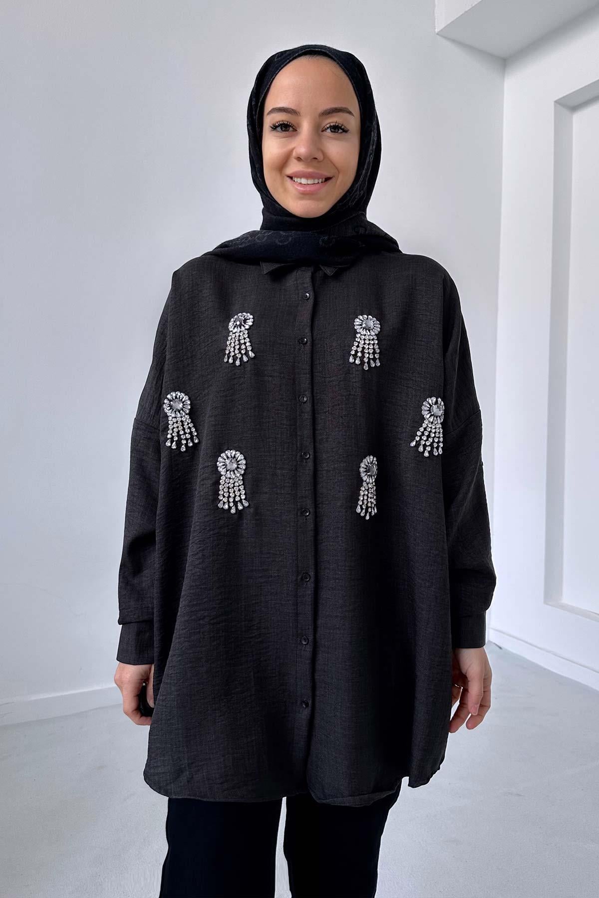 Capella Oversize Taşlı Gömlek - Siyah