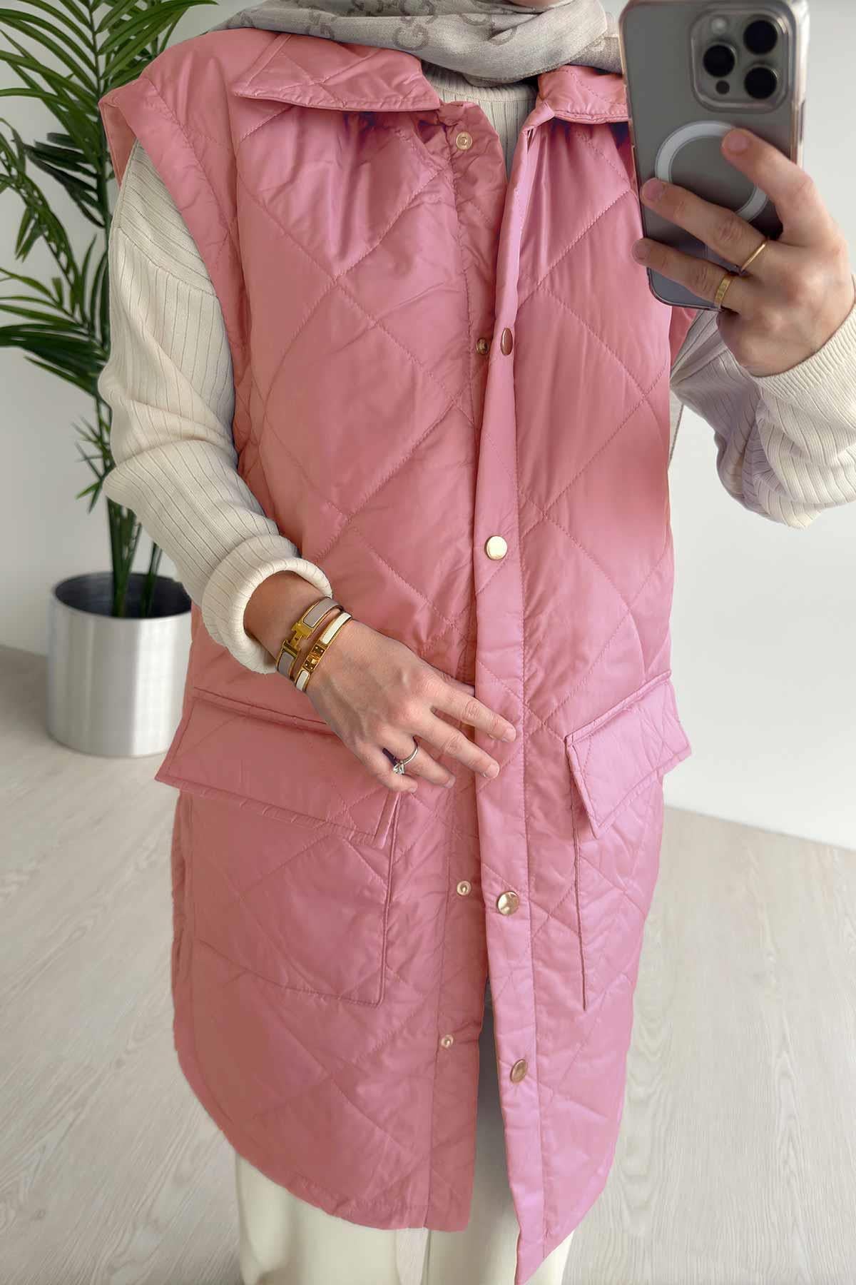 Cep Detay Kapitone Yelek - Pembe