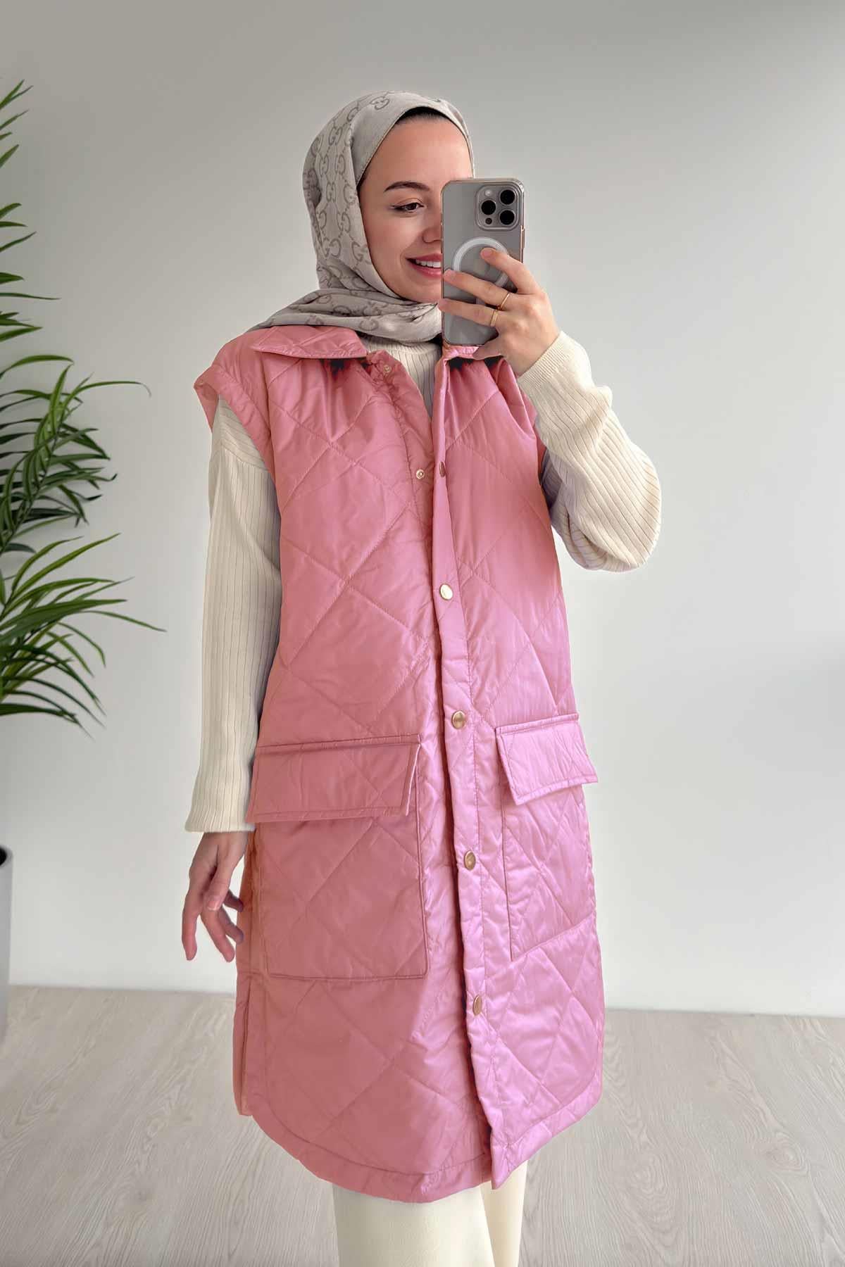 Cep Detay Kapitone Yelek - Pembe