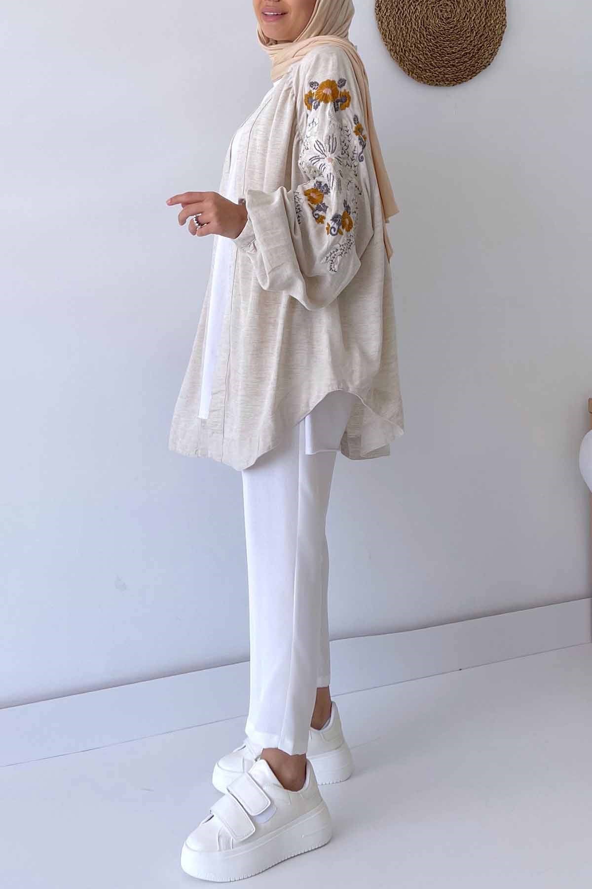 Çiçek Desen Nakışlı Kimono - Bej