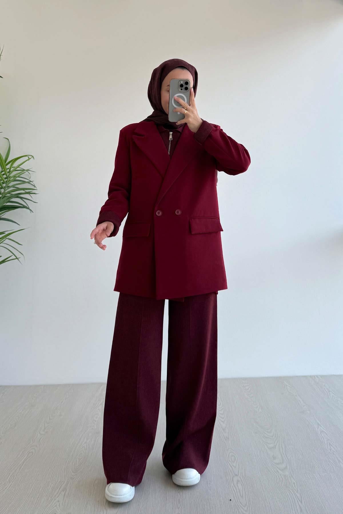 Çift Düğme Astarlı Blazer Ceket - Bordo