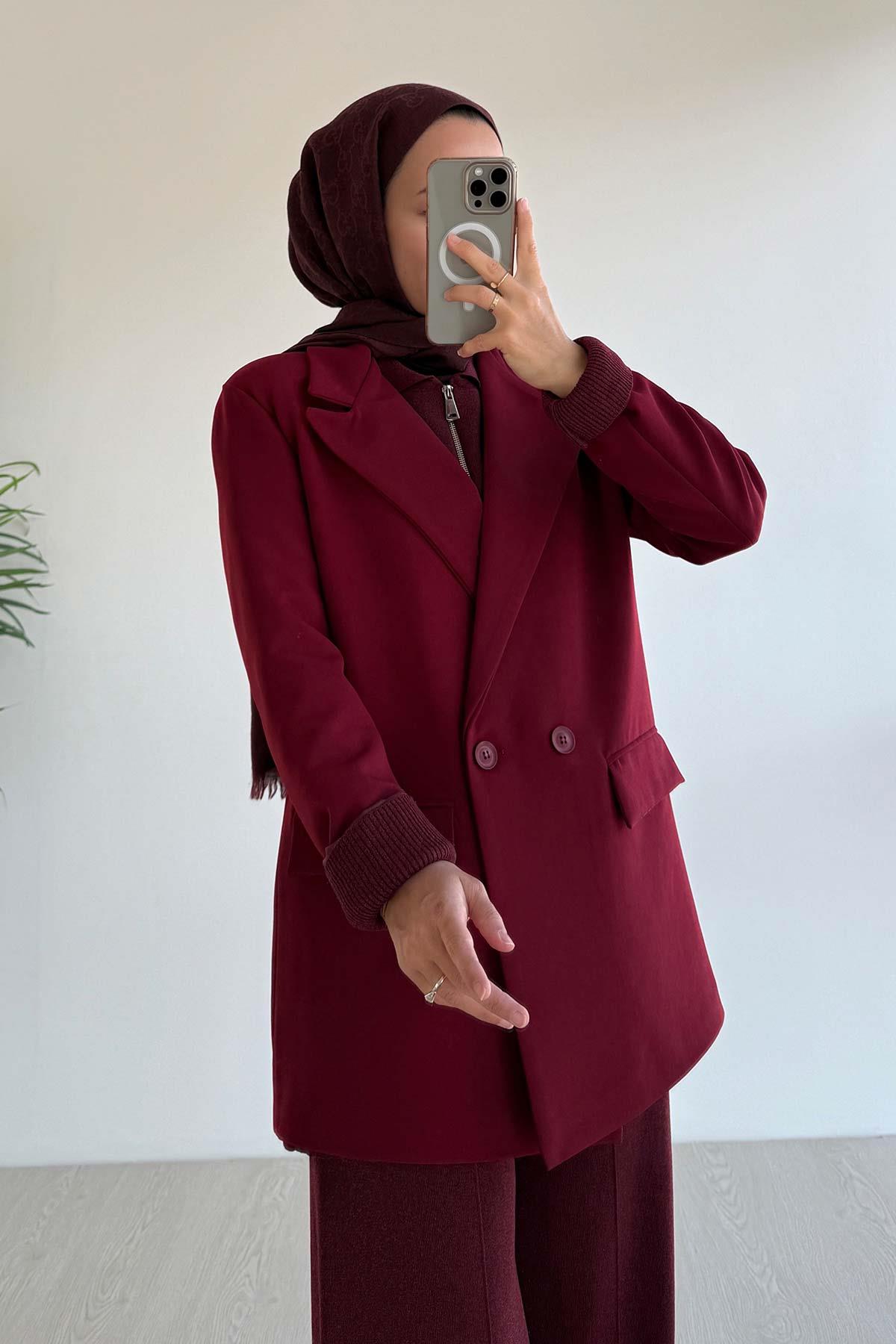 Çift Düğme Astarlı Blazer Ceket - Bordo