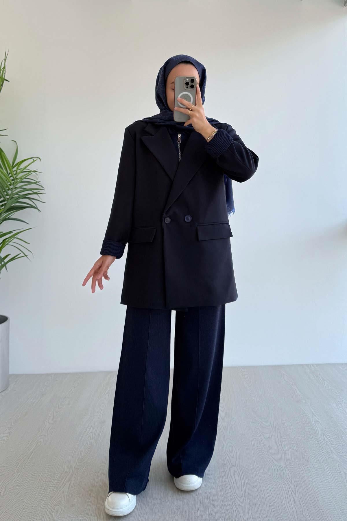 Çift Düğme Astarlı Blazer Ceket - Lacivert