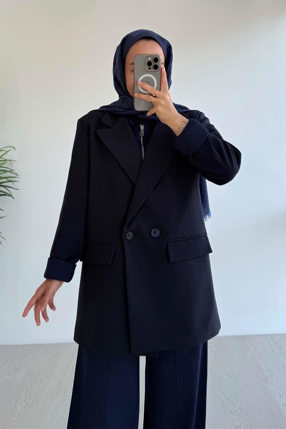 Çift Düğme Astarlı Blazer Ceket - Lacivert