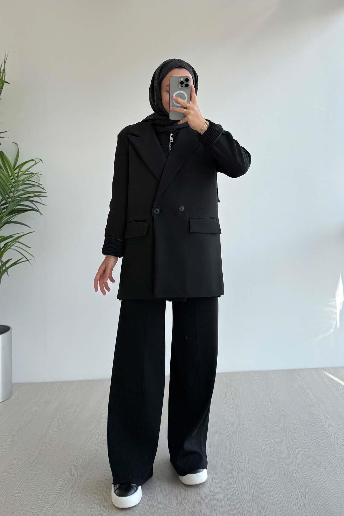 Çift Düğme Astarlı Blazer Ceket - Siyah