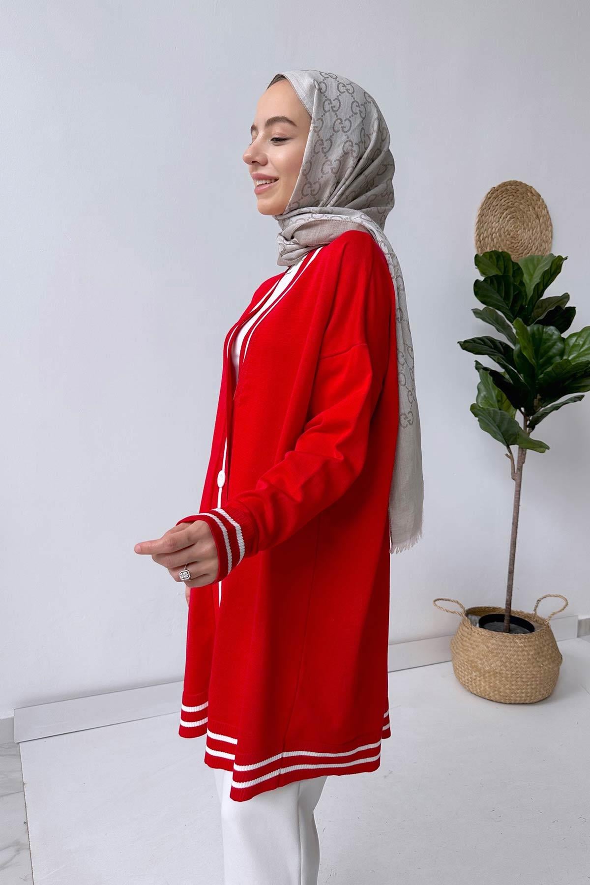 Çizgi Detay Düğmeli Merserize Hırka - Kırmızı