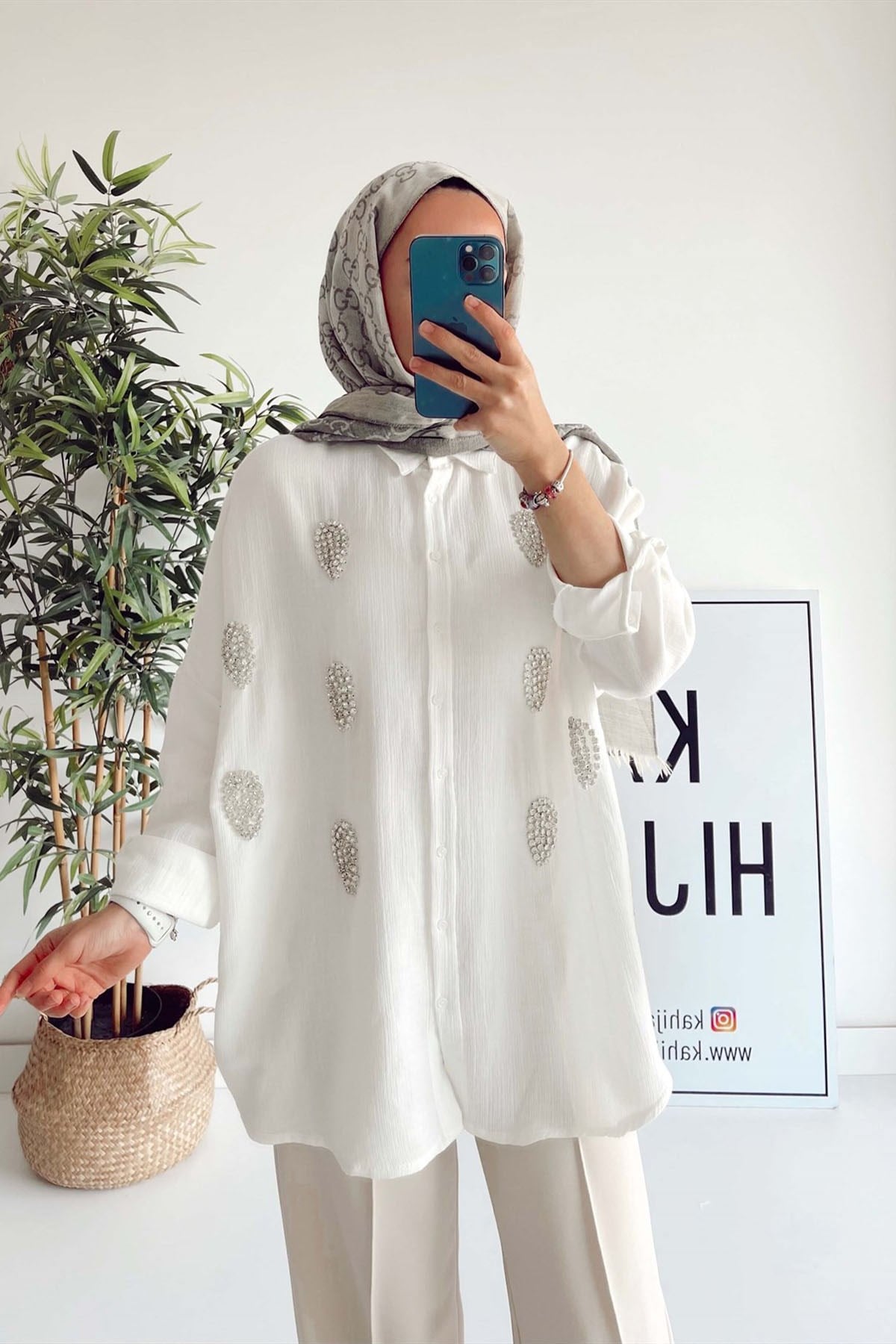 Damla Taşlı Gömlek - Beyaz