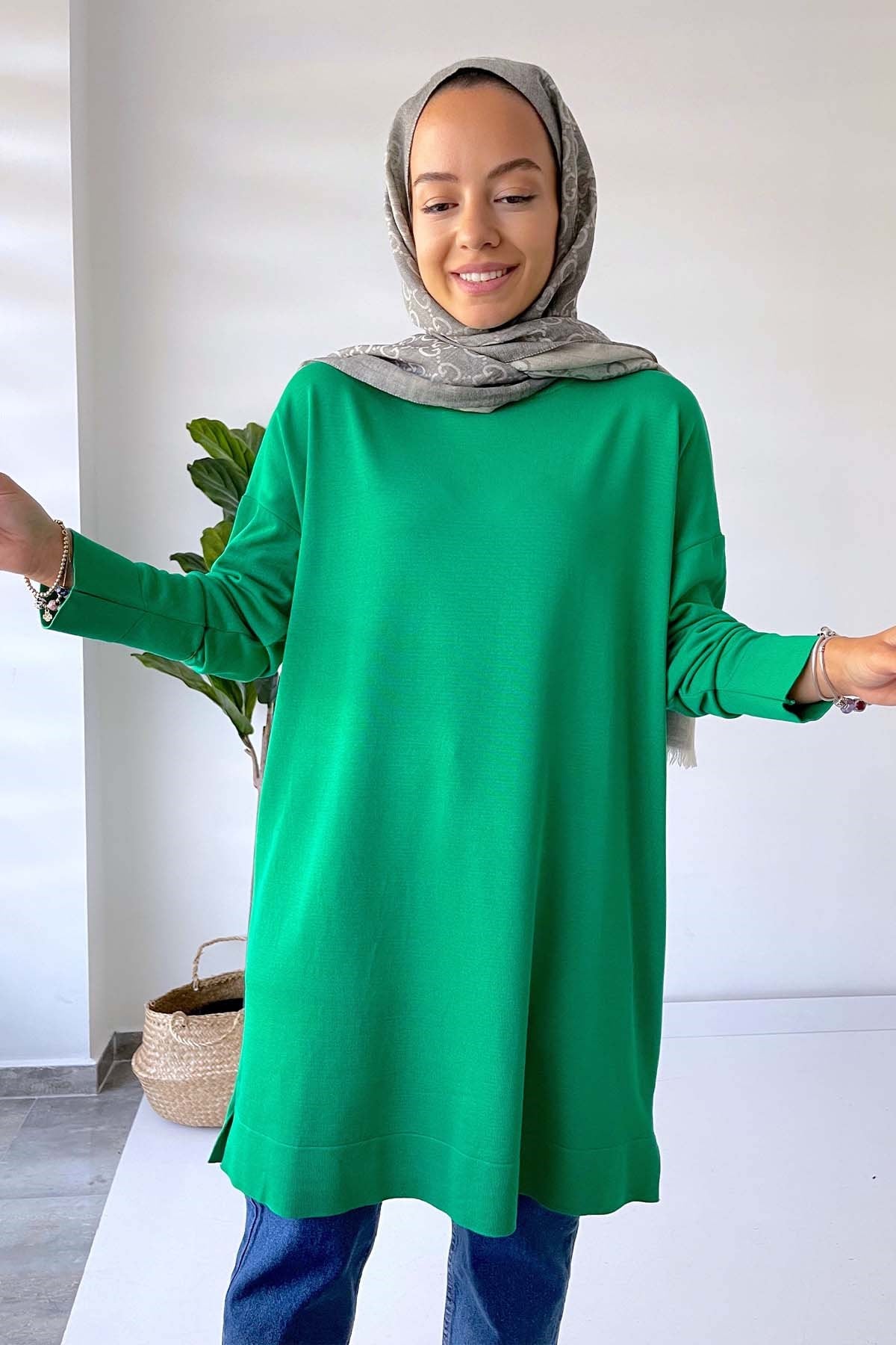 Dik Yaka Merserize Tunik - Yeşil