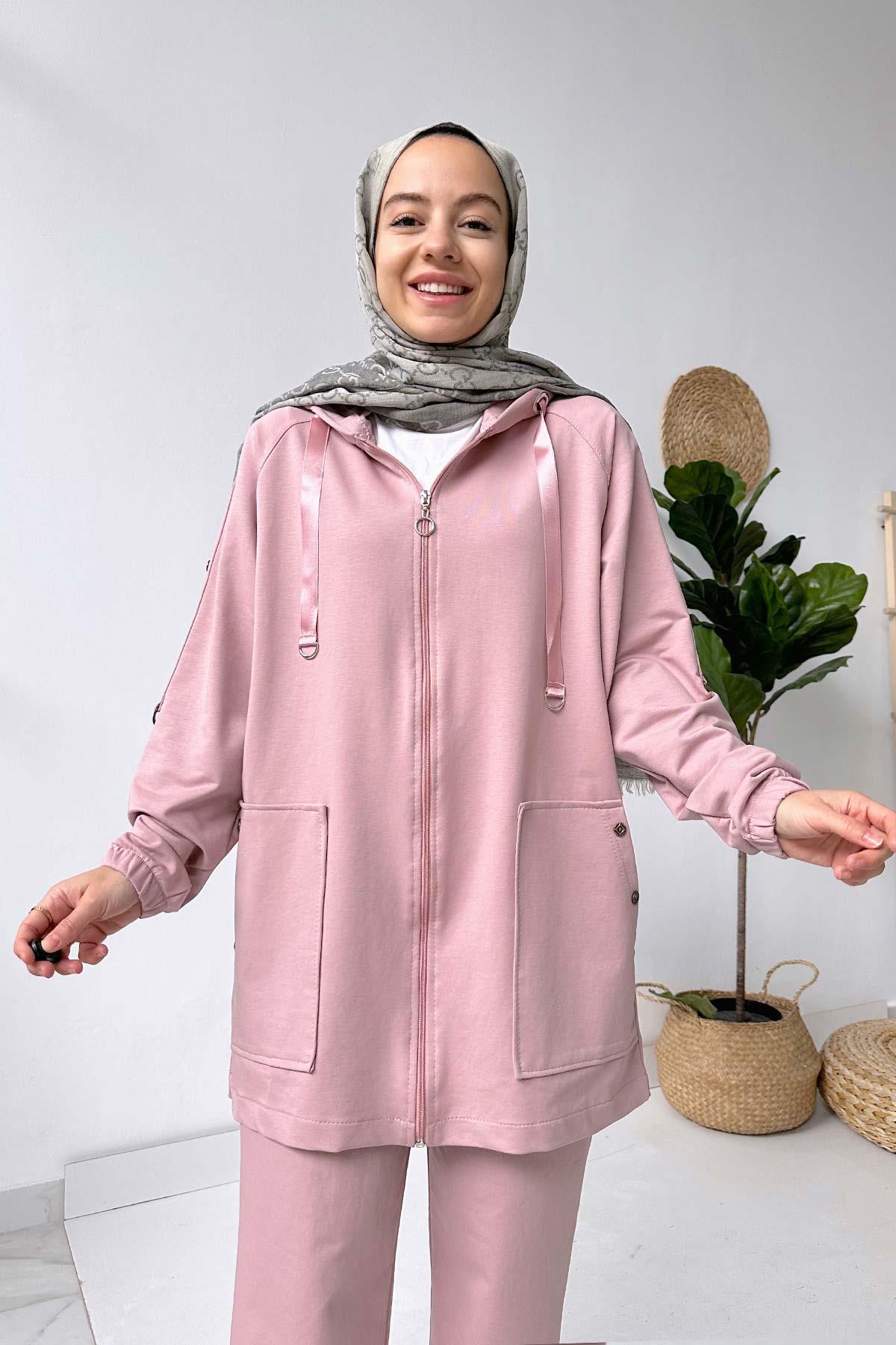 Düğme Detay Takım - Pembe