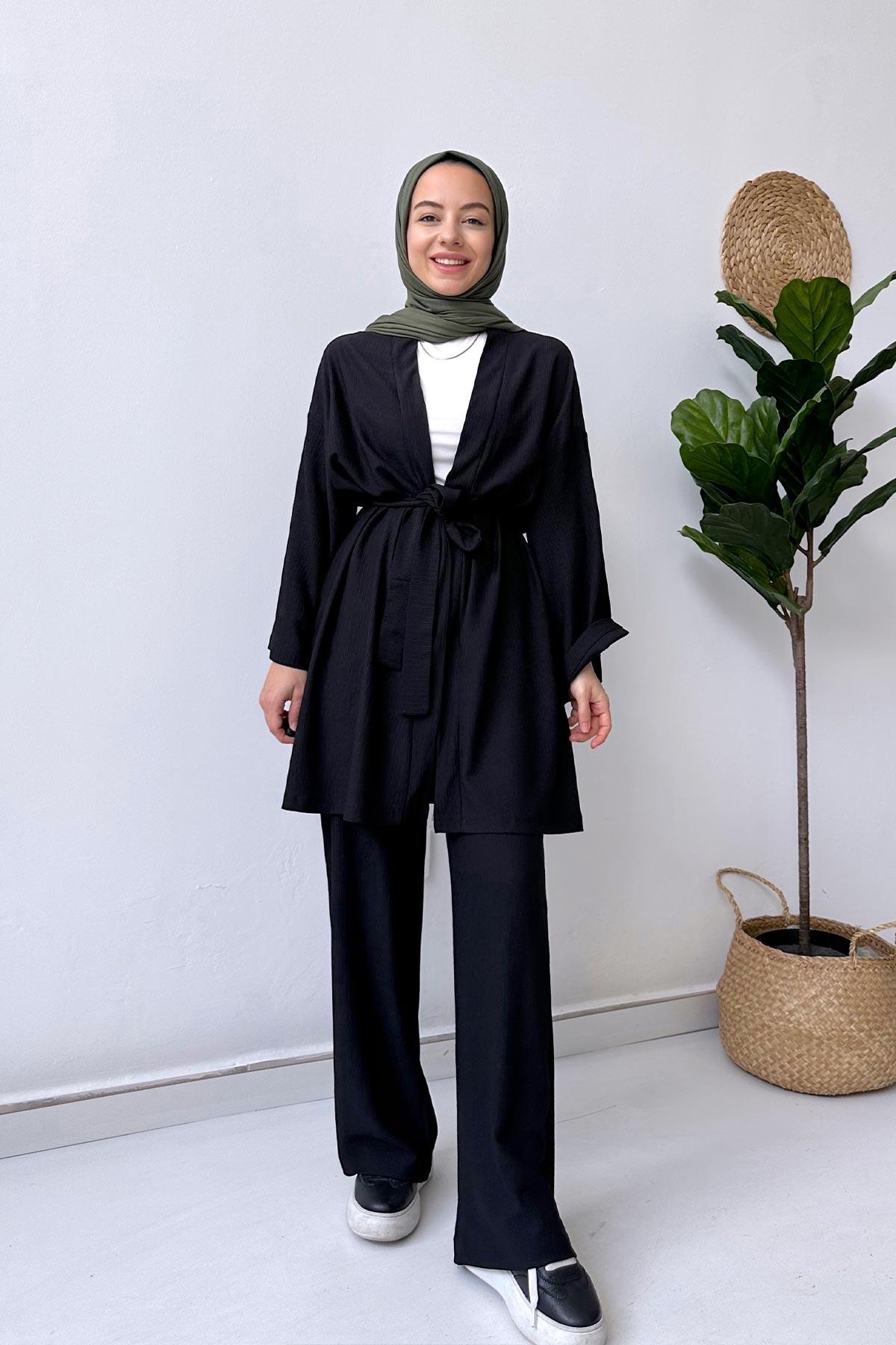 Fakir Kol Kemerli Kimono İkili Takım - Siyah