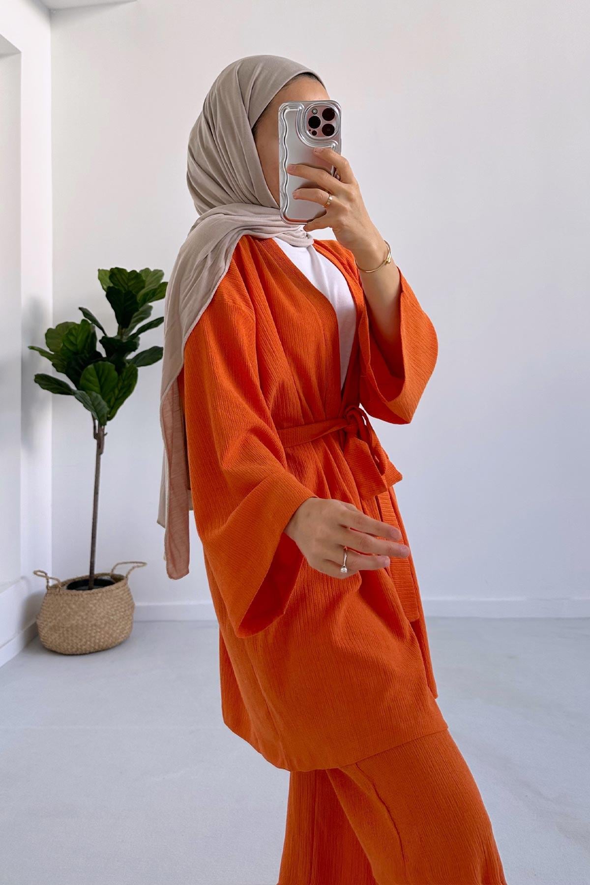 Fakir Kol Kemerli Kimono İkili Takım - Turuncu
