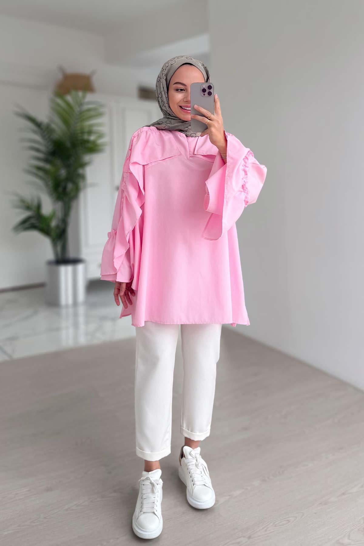 Fırfır Detay Gömlek - Pembe