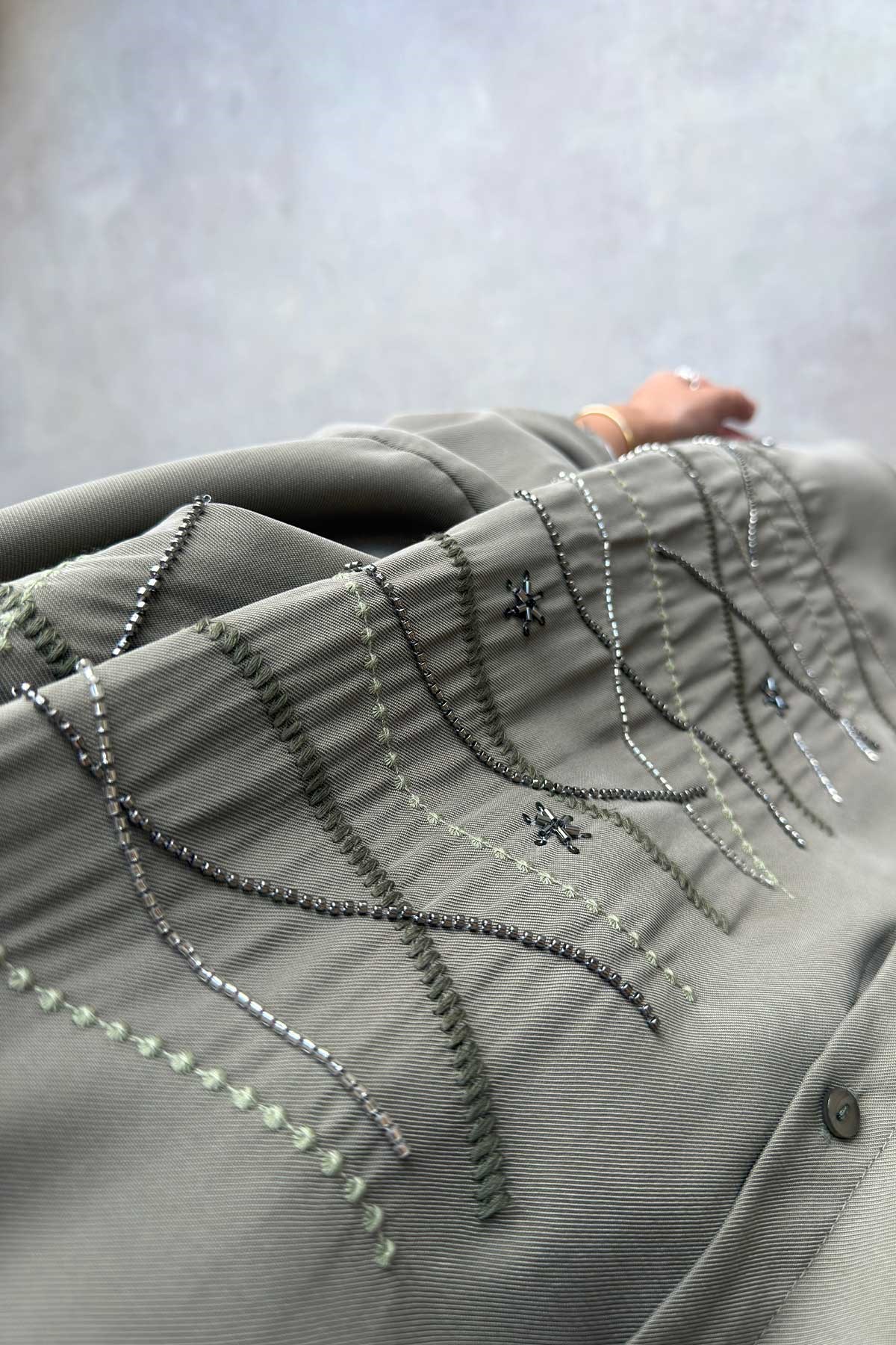 Geometrik İşleme Oversize Gömlek - Haki