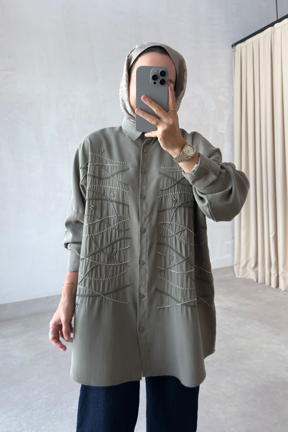 Geometrik İşleme Oversize Gömlek - Haki