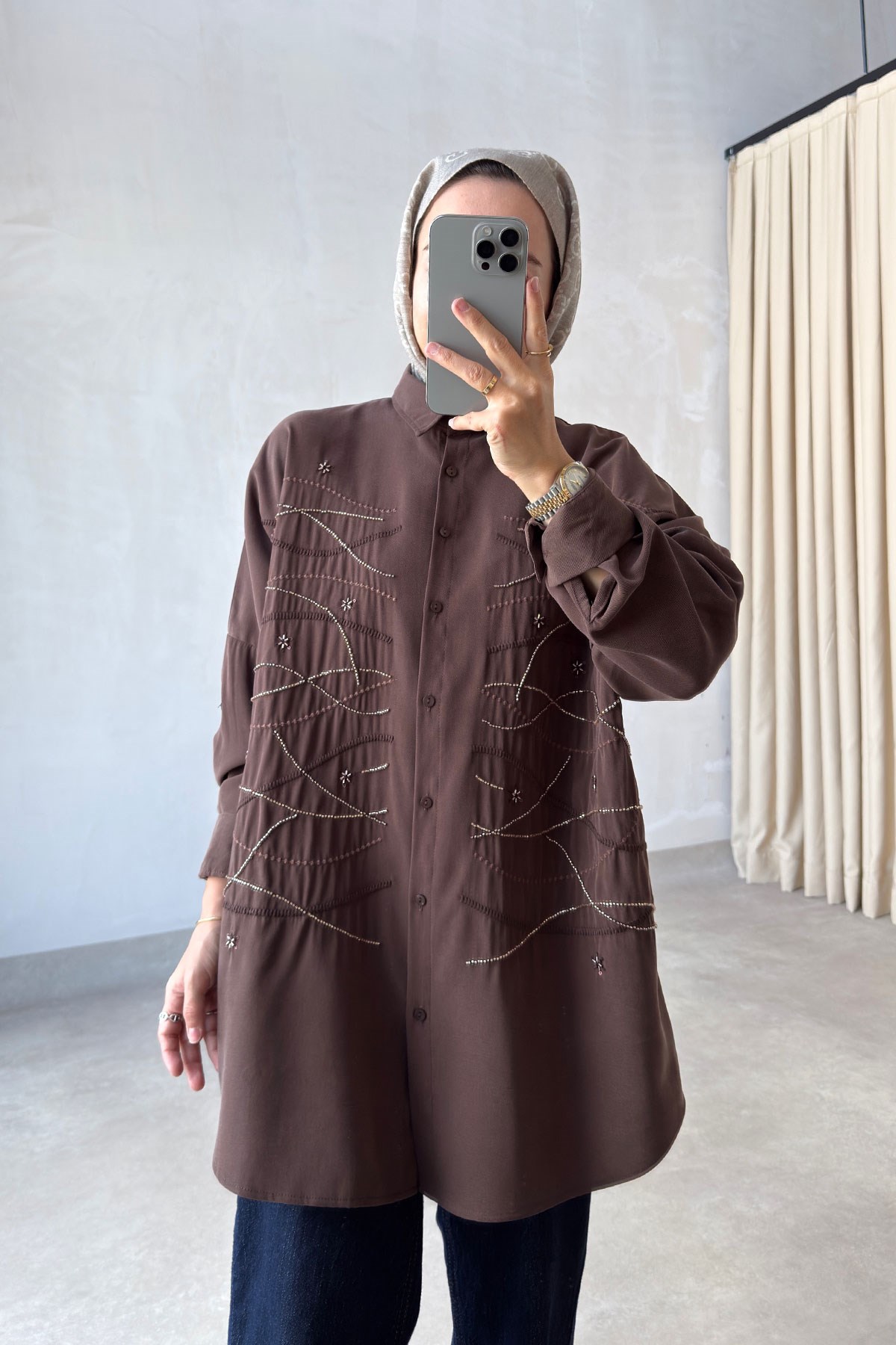 Geometrik İşleme Oversize Gömlek - Kahverengi