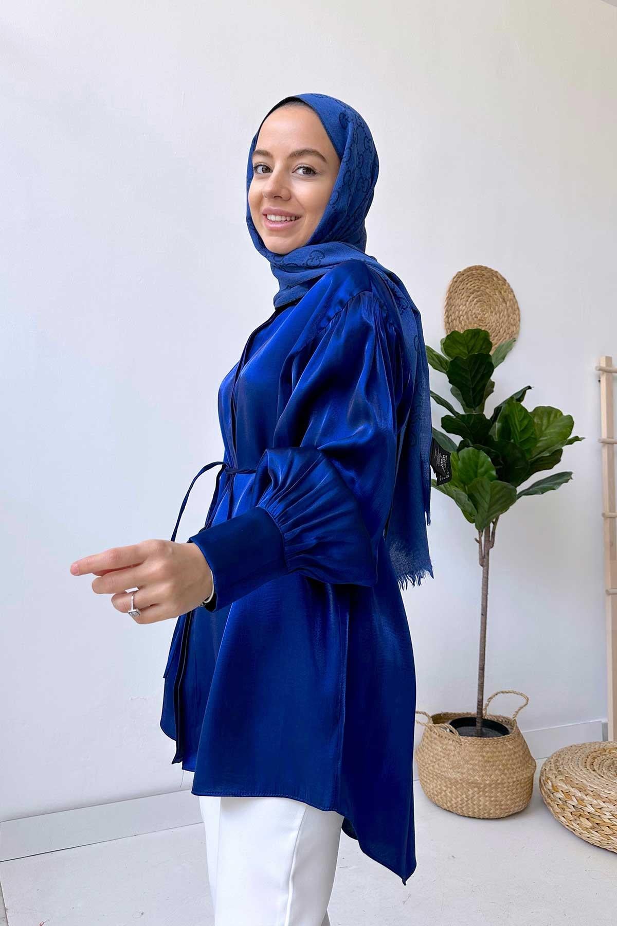 Gizli Düğmeli Parıltılı Saten Gömlek - Lacivert