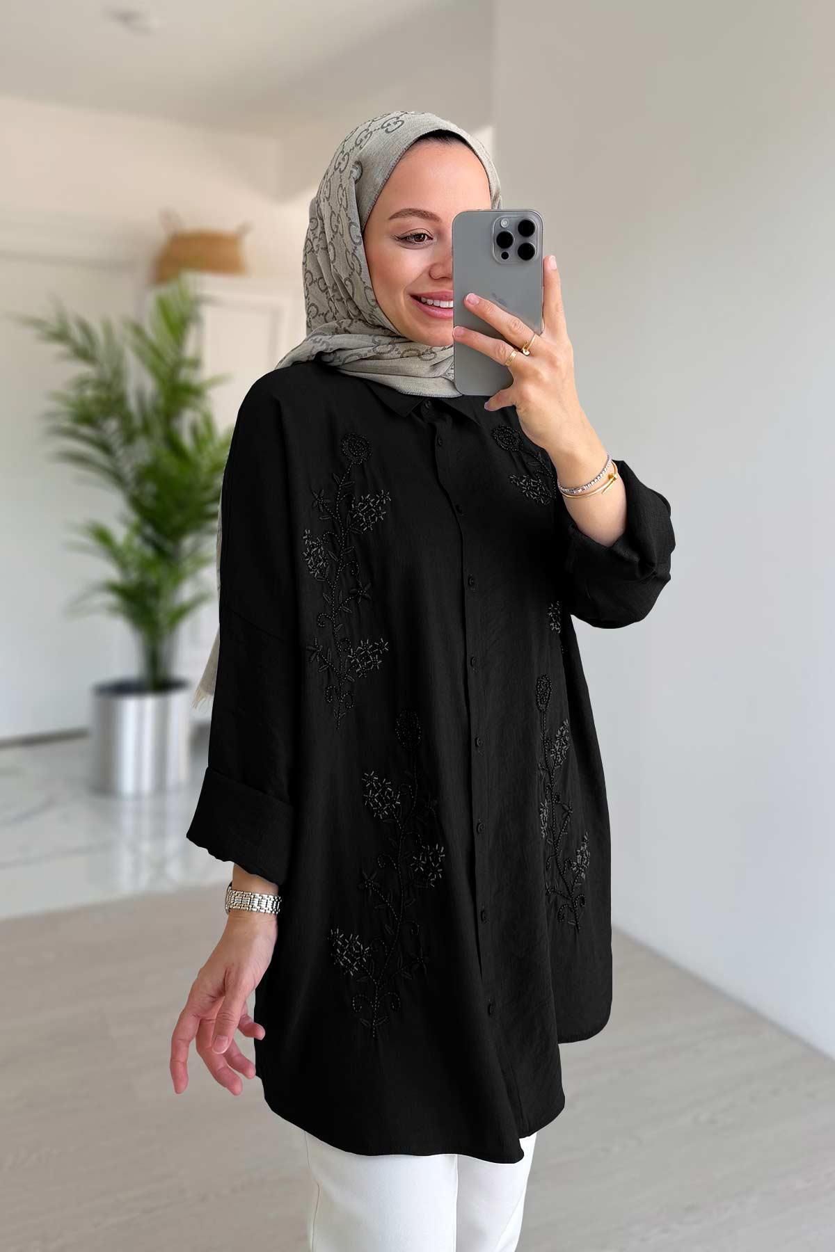 Gül Boncuk İşleme Gömlek - Siyah