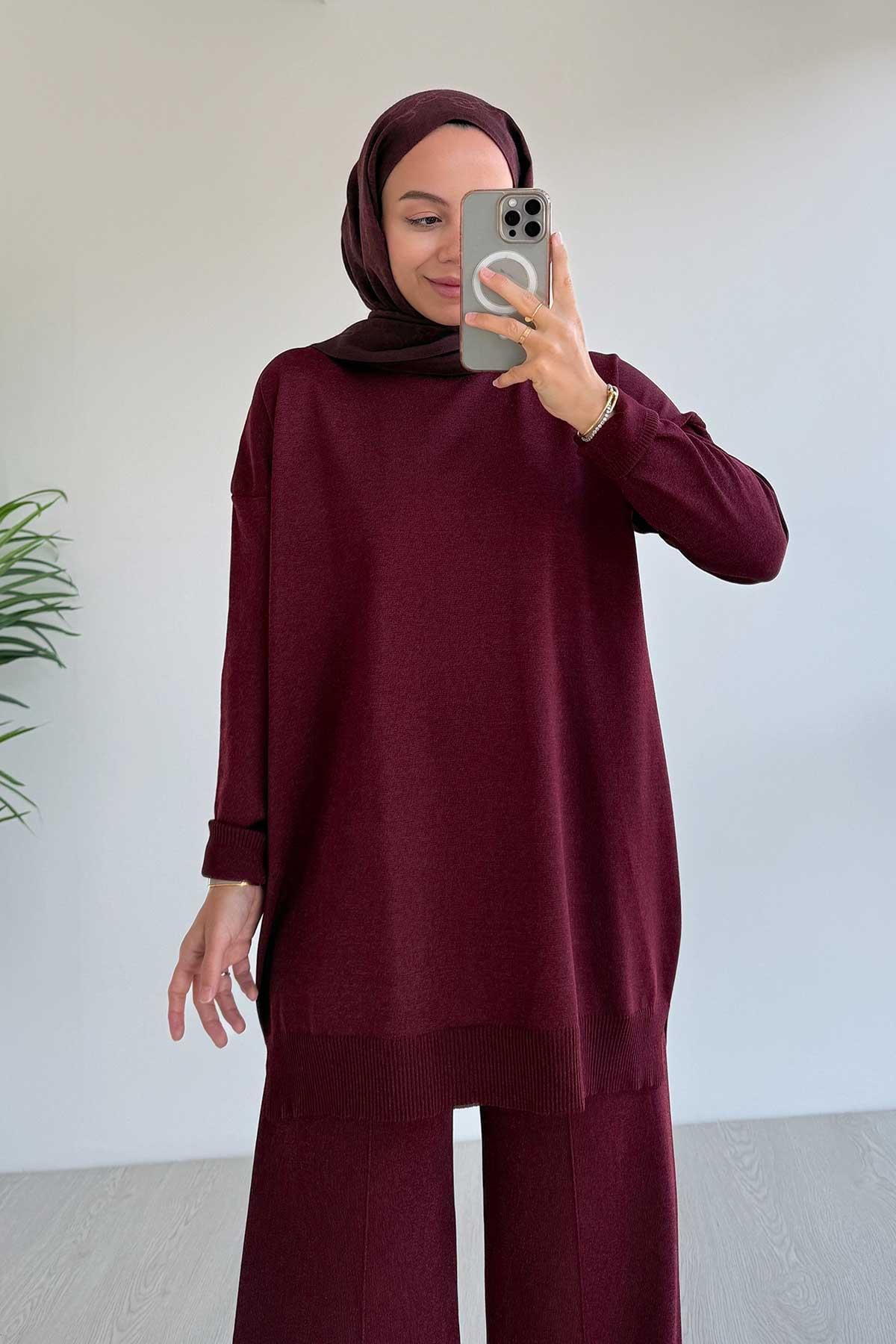 Işıltılı Merserize Takım - Bordo