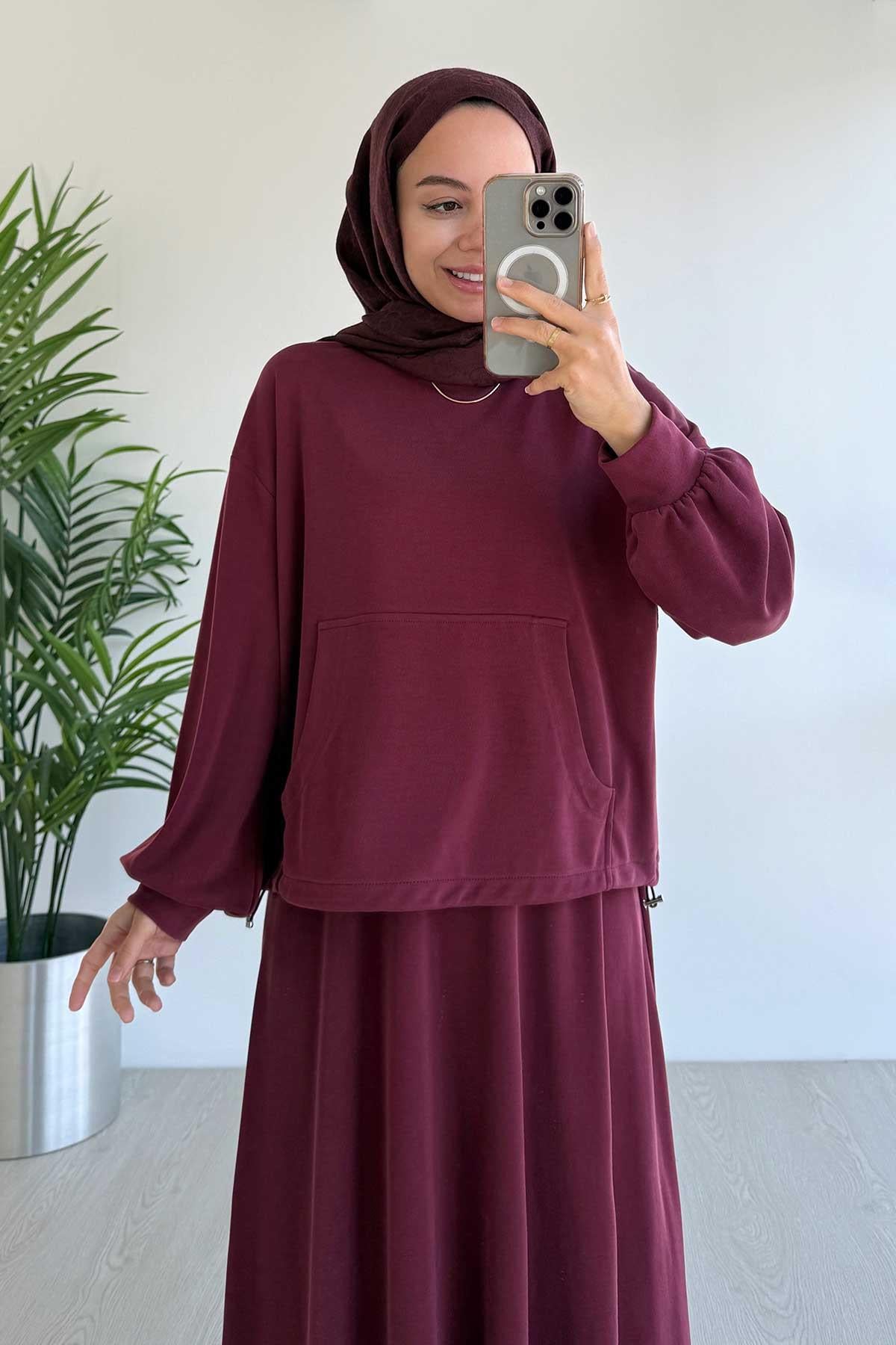 Kanguru Cep Oysh Kumaş Etekli İkili Takım - Bordo