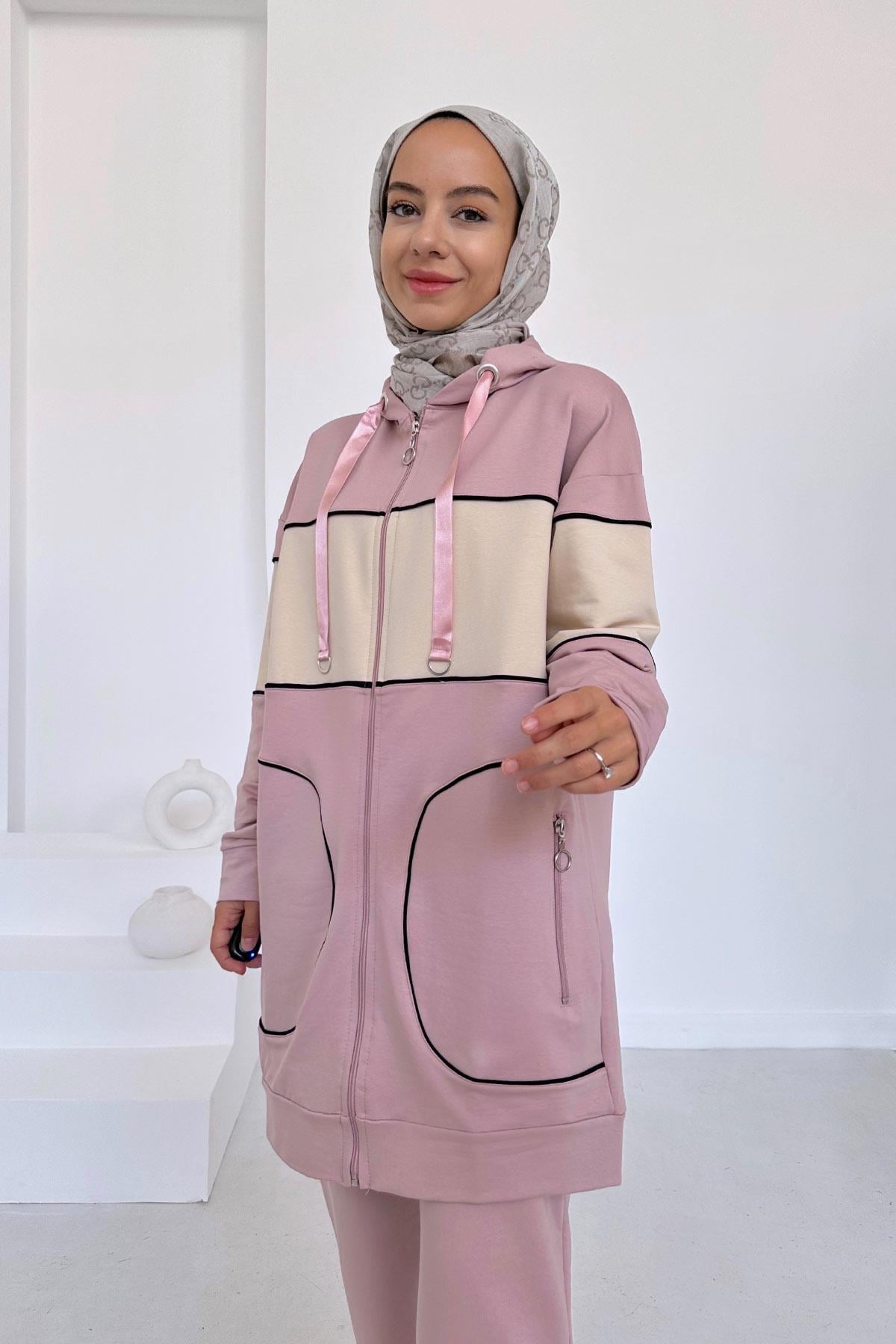 Kapüşonlu Line Takım - Pembe/Bej